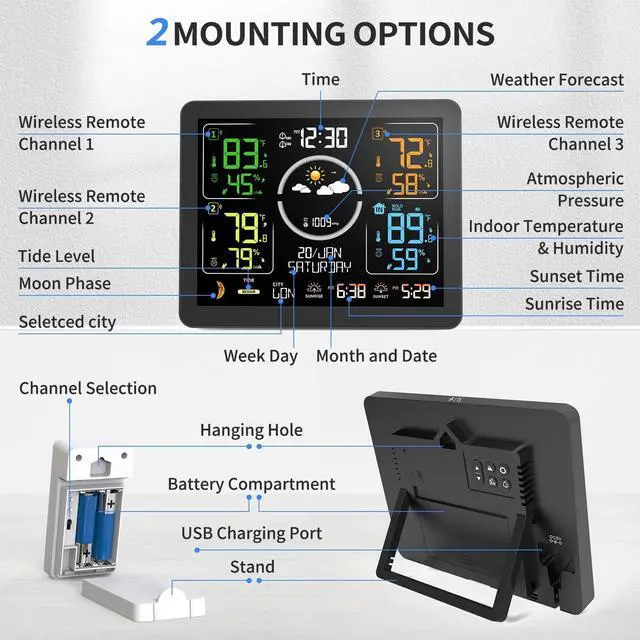 Alt view image 4 of 7 - Weather Stations Wireless Indoor Outdoor Thermometer with Multiple Sensors, 7.5" VA Display Weather Forecast Station with Atomic Clock, Temperature, Humidity and Adjustable Backlight for Home