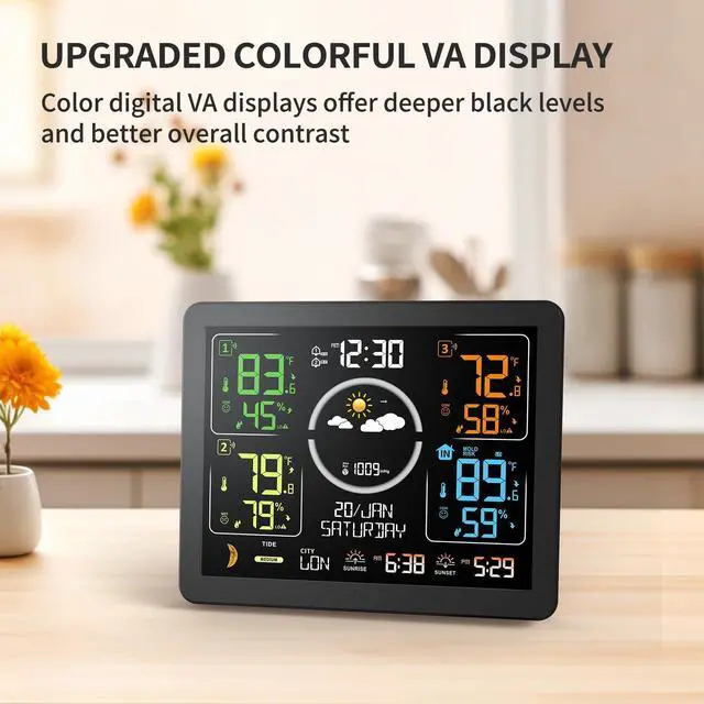 Alt view image 7 of 7 - Weather Stations Wireless Indoor Outdoor Thermometer with Multiple Sensors, 7.5" VA Display Weather Forecast Station with Atomic Clock, Temperature, Humidity and Adjustable Backlight for Home