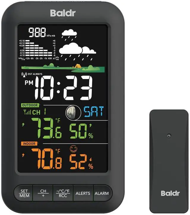 Main image of Wireless Indoor Outdoor Thermometer Weather Station with Remote Sensor, Vertical Color Display, Temperature Humidity Monitor, 12H Forecast, Atomic Clock, Adapter Powered, Black