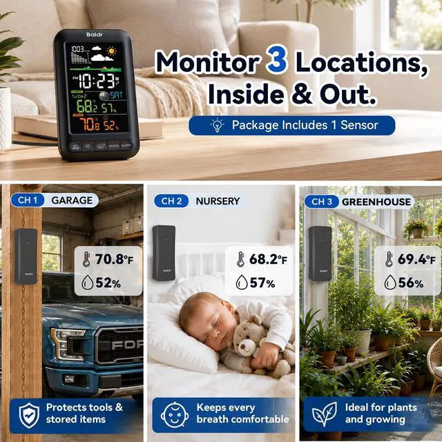 Alt view image 4 of 7 - Wireless Indoor Outdoor Thermometer Weather Station with Remote Sensor, Vertical Color Display, Temperature Humidity Monitor, 12H Forecast, Atomic Clock, Adapter Powered, Black