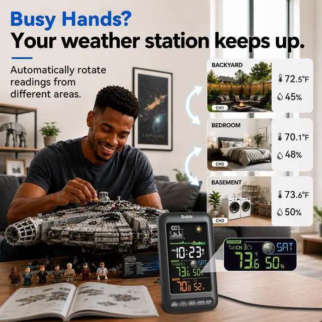 Alt view image 5 of 7 - Wireless Indoor Outdoor Thermometer Weather Station with Remote Sensor, Vertical Color Display, Temperature Humidity Monitor, 12H Forecast, Atomic Clock, Adapter Powered, Black
