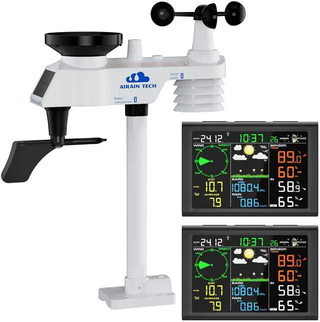 Main image of 10-in-1 Wireless Weather Station with Dual Display, Outdoor Sensor, Rain Gauge, Atomic Clock, Wind Speed, Indoor Temp/Humidity, Barometric Pressure,etc (No WiFi)