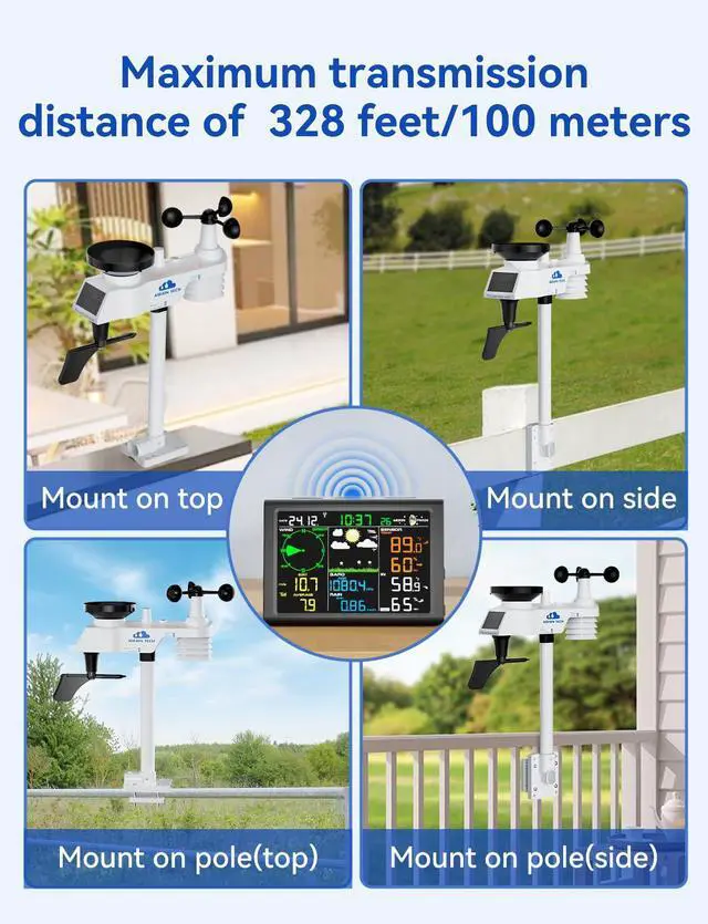 Alt view image 3 of 7 - 10-in-1 Wireless Weather Station with Dual Display, Outdoor Sensor, Rain Gauge, Atomic Clock, Wind Speed, Indoor Temp/Humidity, Barometric Pressure,etc (No WiFi)