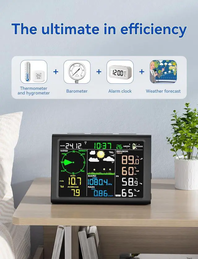 Alt view image 6 of 7 - 10-in-1 Wireless Weather Station with Dual Display, Outdoor Sensor, Rain Gauge, Atomic Clock, Wind Speed, Indoor Temp/Humidity, Barometric Pressure,etc (No WiFi)