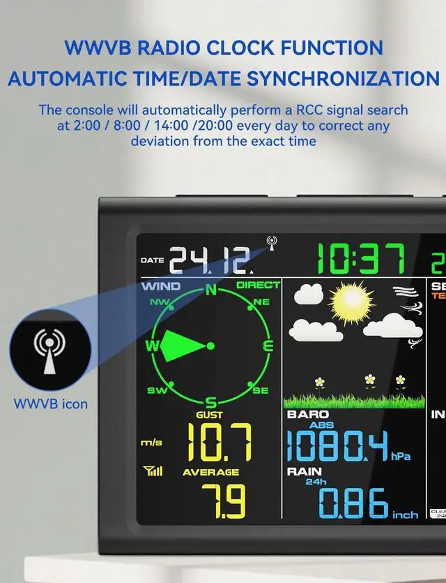 Alt view image 7 of 7 - 10-in-1 Wireless Weather Station with Dual Display, Outdoor Sensor, Rain Gauge, Atomic Clock, Wind Speed, Indoor Temp/Humidity, Barometric Pressure,etc (No WiFi)
