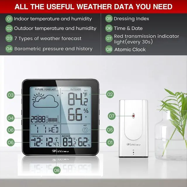 Alt view image 2 of 7 - Weather Station Indoor Outdoor Thermometer Wireless Battery Powered, Atomic Clock with Indoor Outdoor Temperature Weather Clock, Dew Mold Heat Index 2180