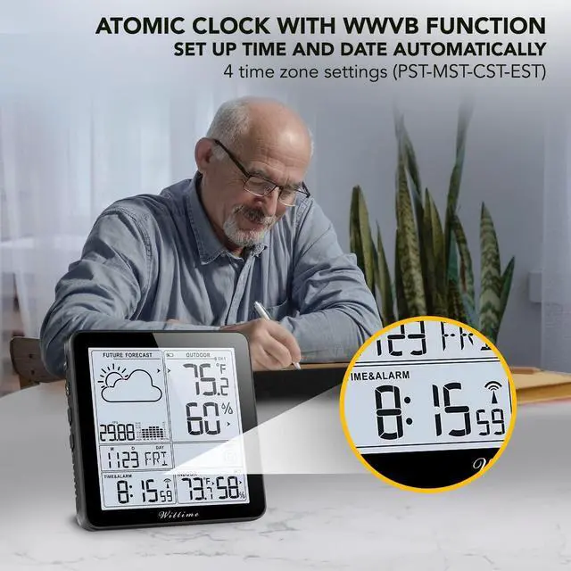 Alt view image 3 of 7 - Weather Station Indoor Outdoor Thermometer Wireless Battery Powered, Atomic Clock with Indoor Outdoor Temperature Weather Clock, Dew Mold Heat Index 2180