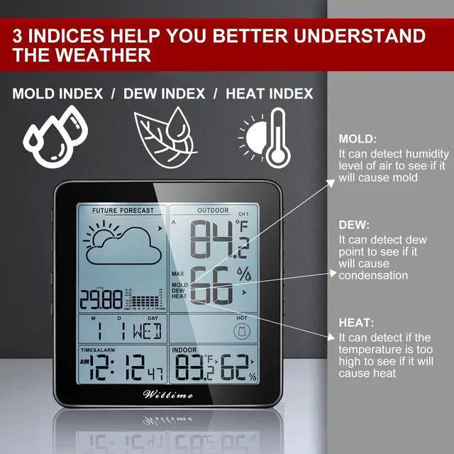 Alt view image 5 of 7 - Weather Station Indoor Outdoor Thermometer Wireless Battery Powered, Atomic Clock with Indoor Outdoor Temperature Weather Clock, Dew Mold Heat Index 2180