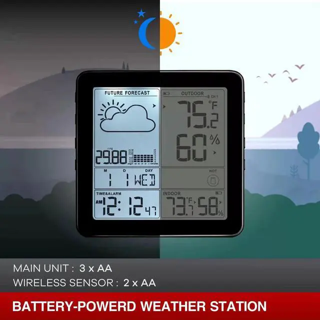 Alt view image 7 of 7 - Weather Station Indoor Outdoor Thermometer Wireless Battery Powered, Atomic Clock with Indoor Outdoor Temperature Weather Clock, Dew Mold Heat Index 2180