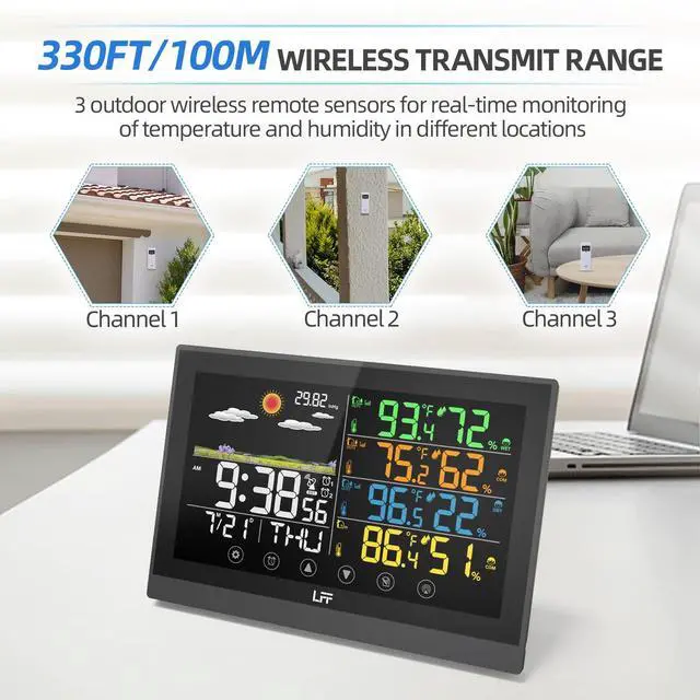 Alt view image 2 of 7 - Weather Station, Indoor Outdoor Weather Station Wireless with Multiple Sensors, Color Display Digital Atomic Clock Indoor Outdoor Thermometer Wireless, Forecast Station with Adjustable Backlight