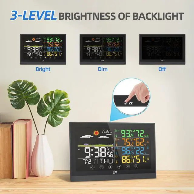 Alt view image 4 of 7 - Weather Station, Indoor Outdoor Weather Station Wireless with Multiple Sensors, Color Display Digital Atomic Clock Indoor Outdoor Thermometer Wireless, Forecast Station with Adjustable Backlight