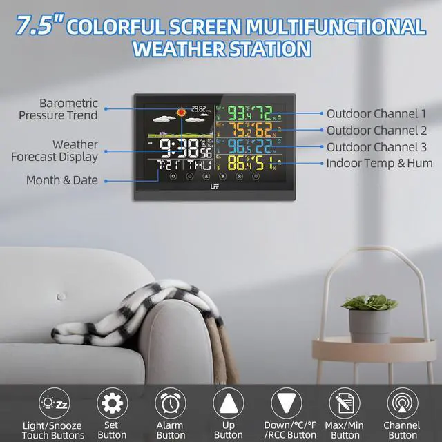 Alt view image 3 of 7 - Weather Station, Indoor Outdoor Weather Station Wireless with Multiple Sensors, Color Display Digital Atomic Clock Indoor Outdoor Thermometer Wireless, Forecast Station with Adjustable Backlight