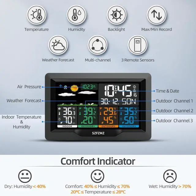 Alt view image 2 of 7 - Weather Stations Wireless Indoor Outdoor with Multiple Sensors, 7.5" Color Display Weather Station Indoor Outdoor Thermometer Wireless Weather Forecast Station, Digital Atomic Clock with Backlight
