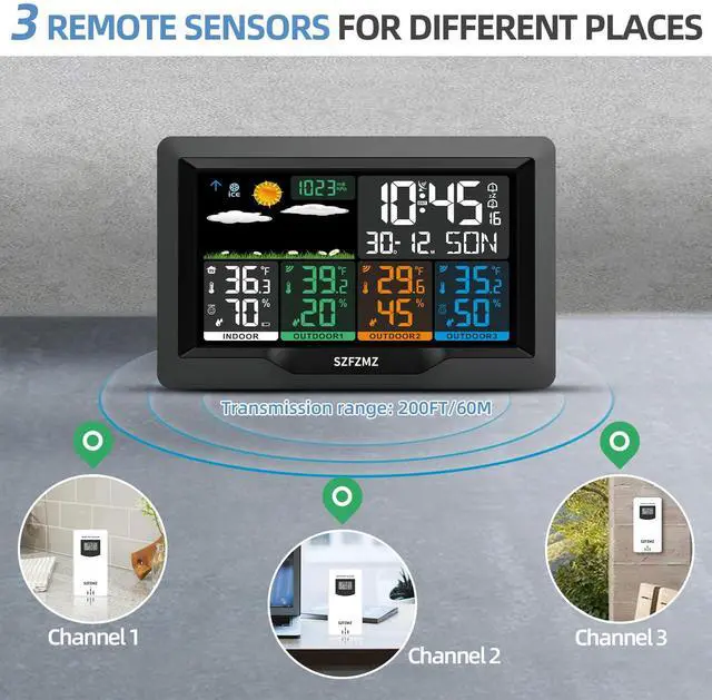Alt view image 3 of 7 - Weather Stations Wireless Indoor Outdoor with Multiple Sensors, 7.5" Color Display Weather Station Indoor Outdoor Thermometer Wireless Weather Forecast Station, Digital Atomic Clock with Backlight