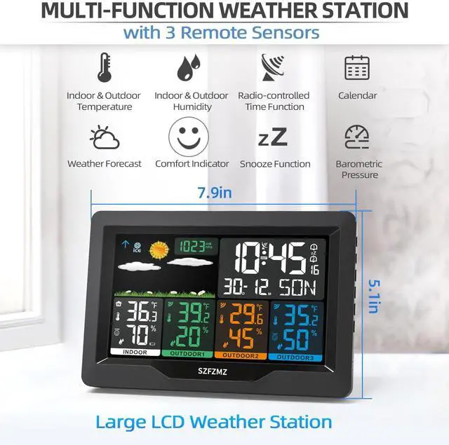Alt view image 6 of 7 - Weather Stations Wireless Indoor Outdoor with Multiple Sensors, 7.5" Color Display Weather Station Indoor Outdoor Thermometer Wireless Weather Forecast Station, Digital Atomic Clock with Backlight
