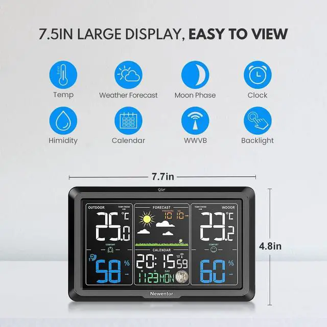 Alt view image 5 of 6 - Weather Station Wireless Indoor Outdoor, Indoor Outdoor Thermometer Wireless, 7.5" Home Weather Stations with Atomic Clock, Temperature Humidity Gauge, Weather Forecast and Barometer, Black