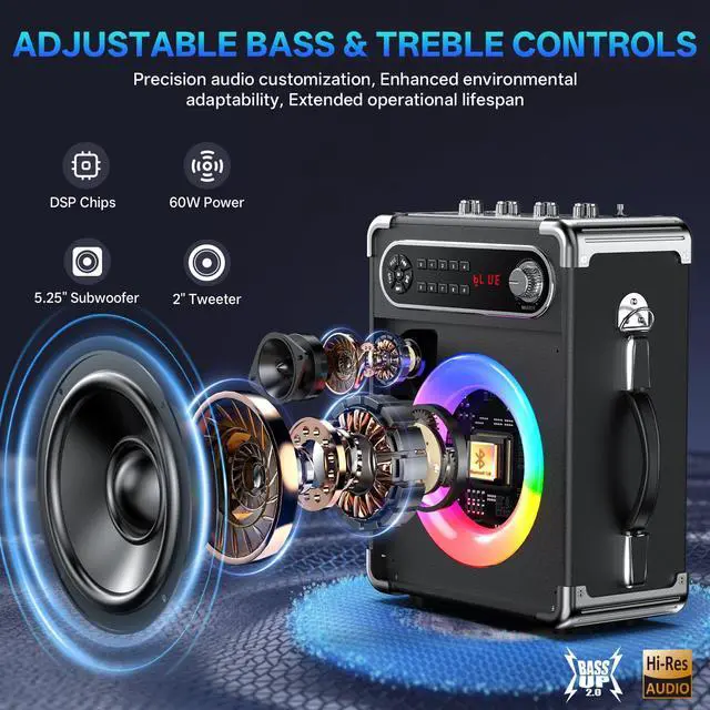 Alt view image 2 of 7 - Karaoke Machine, 2 Wireless Microphones, Portable Bluetooth 5.3 PA Speaker with Disco Lights, Smart TV Compatible, Upgraded Subwoofer, Bass Boost & Echo, TF/USB/AUX/FM, Home & Outdoor Party