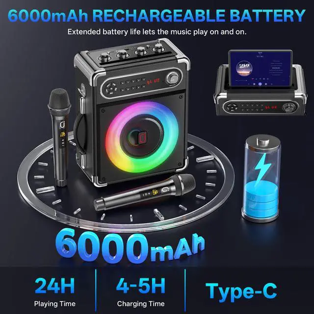 Alt view image 4 of 7 - Karaoke Machine, 2 Wireless Microphones, Portable Bluetooth 5.3 PA Speaker with Disco Lights, Smart TV Compatible, Upgraded Subwoofer, Bass Boost & Echo, TF/USB/AUX/FM, Home & Outdoor Party