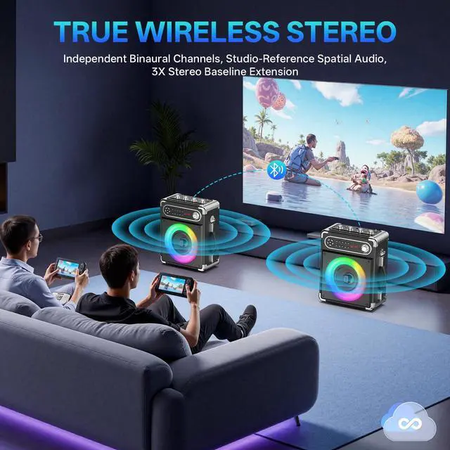 Alt view image 5 of 7 - Karaoke Machine, 2 Wireless Microphones, Portable Bluetooth 5.3 PA Speaker with Disco Lights, Smart TV Compatible, Upgraded Subwoofer, Bass Boost & Echo, TF/USB/AUX/FM, Home & Outdoor Party