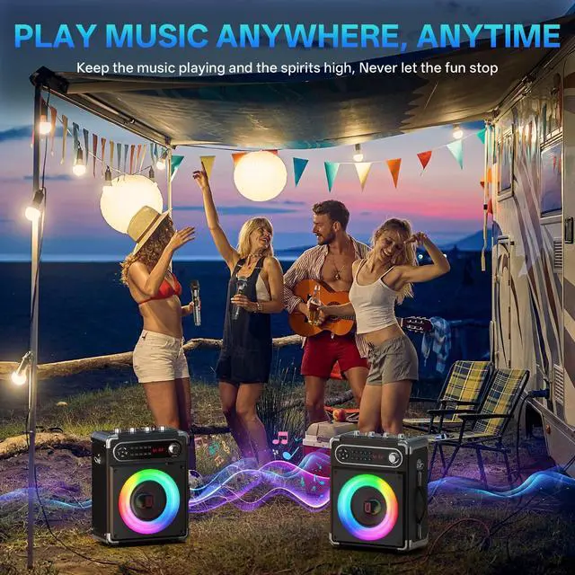 Alt view image 7 of 7 - Karaoke Machine, 2 Wireless Microphones, Portable Bluetooth 5.3 PA Speaker with Disco Lights, Smart TV Compatible, Upgraded Subwoofer, Bass Boost & Echo, TF/USB/AUX/FM, Home & Outdoor Party