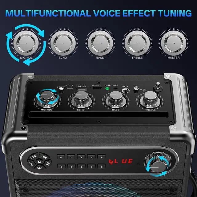 Alt view image 3 of 7 - Karaoke Machine, 2 Wireless Microphones, Portable Bluetooth 5.3 PA Speaker with Disco Lights, Smart TV Compatible, Upgraded Subwoofer, Bass Boost & Echo, TF/USB/AUX/FM, Home & Outdoor Party