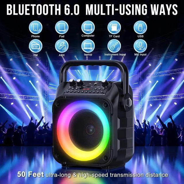 Alt view image 2 of 7 - Karaoke Machine, Portable Bluetooth Speaker with 2 Wireless Mics for Adults & Kids with LED Lights, Bass/Treble Adjustment, PA System Supports USB/TF/FM/AUX/TWS for Party Home System Packages