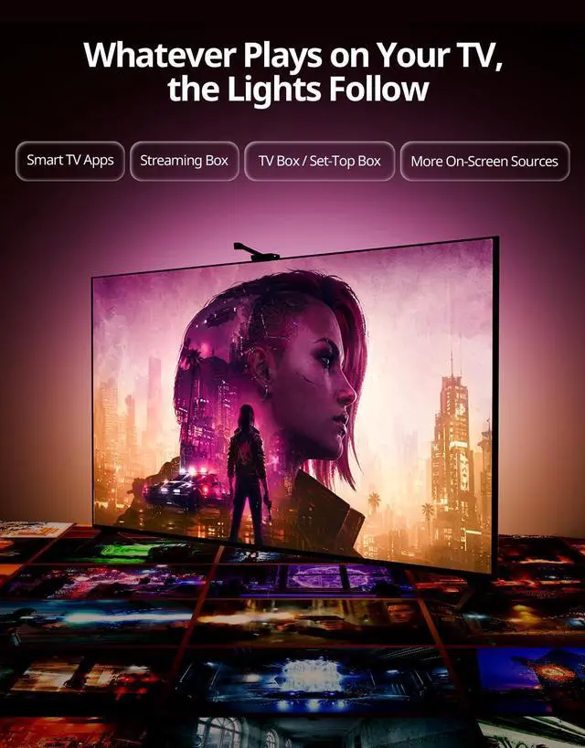 Alt view image 4 of 7 - Smart LED Backlight with Camera for 55-70 inch Screens, 12.48ft LED Strip Lights Sync to Screen & Music, Color Changing Lights Compatible with Alexa & Google Assistant, App Control