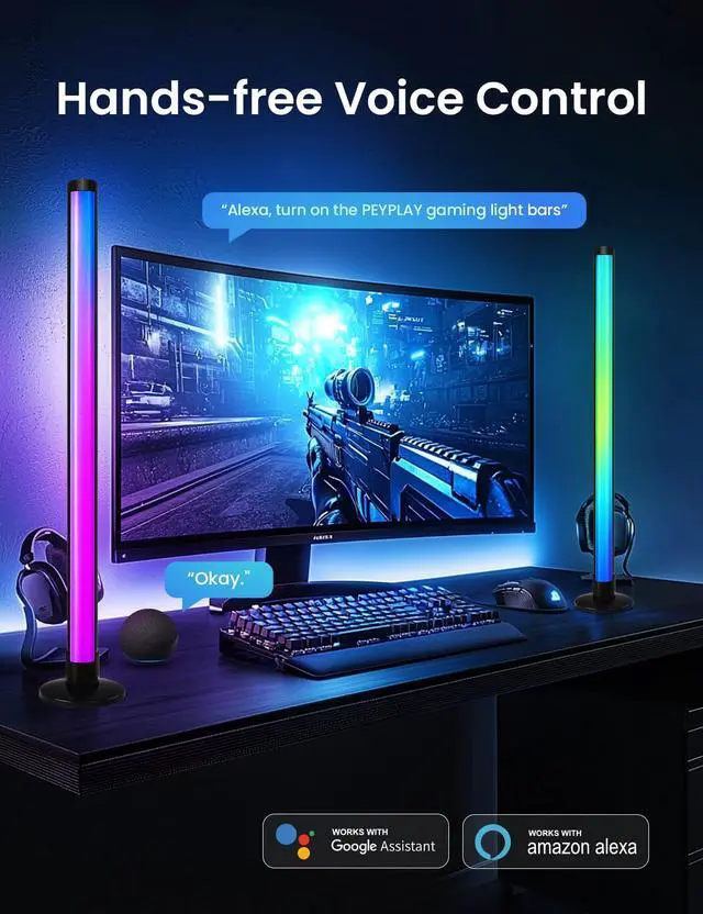 Alt view image 3 of 7 - RGB+IC Ambient LED Light Bars for Gaming Room, PC, and Home Décor, USB Powered Mood Lighting with Music Sync, Alexa, App & Voice Control, Adjustable Brightness, DIY Effects