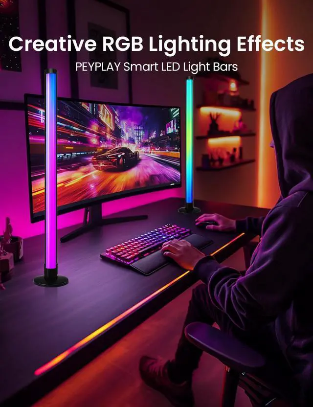 Alt view image 4 of 7 - RGB+IC Ambient LED Light Bars for Gaming Room, PC, and Home Décor, USB Powered Mood Lighting with Music Sync, Alexa, App & Voice Control, Adjustable Brightness, DIY Effects