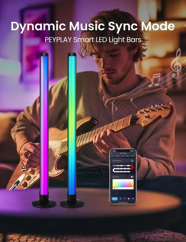 Alt view image 6 of 7 - RGB+IC Ambient LED Light Bars for Gaming Room, PC, and Home Décor, USB Powered Mood Lighting with Music Sync, Alexa, App & Voice Control, Adjustable Brightness, DIY Effects