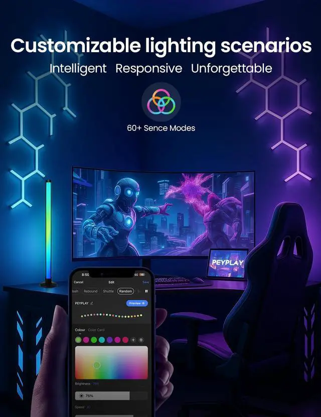 Alt view image 2 of 7 - RGB+IC Ambient LED Light Bars for Gaming Room, PC, and Home Décor, USB Powered Mood Lighting with Music Sync, Alexa, App & Voice Control, Adjustable Brightness, DIY Effects
