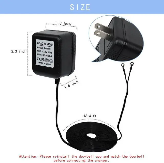 Alt view image 5 of 7 - 24V Transformer Doorbell Power Adapter Compatible with Google Nest,Wyze,Eufy Video Doorbells, C Wire Adapter 16.4ft/5m Extension Cable Doorbell Power Adapter Doorbell Supply Cord