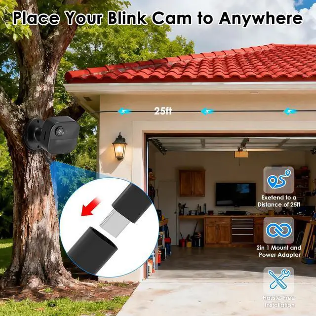 Alt view image 3 of 7 - 2in1 25ft Power Cable with Adapter & Wall Mount for Blink Outdoor 4 (4th Gen) &(3rd Gen), Weatherproof Flat Charging Cable with Adjustable Outdoor Camera Mount, Flexible Placement, Replace Batteries