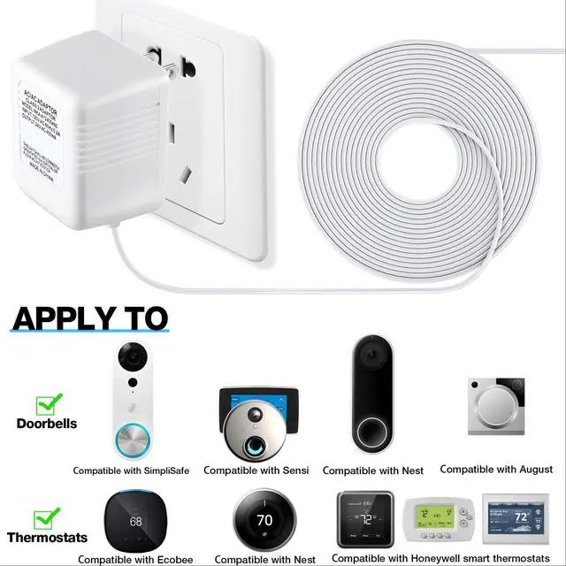 Alt view image 2 of 7 - Video Doorbell Transformer, 24 Volt 16.4 Feet Doorbell Power Supply C Wire Adapter with 50 LPJ088 Cable Clips Compatible with Doorbell and Smart Thermostats