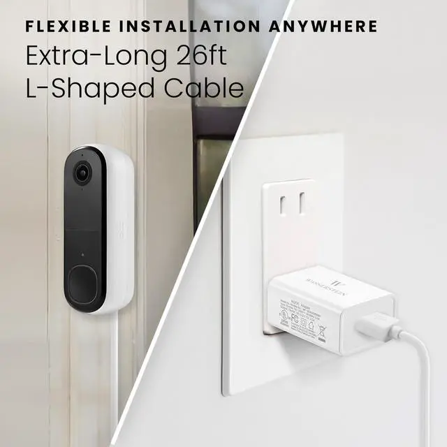 Alt view image 3 of 7 - Power Adapter (5.2V 2A) with L-Shaped USB-C Cable (26ft.) & Backplate - Compatible with Arlo Video Doorbell 2K (2nd Generation) (White) (Doorbell NOT Included)