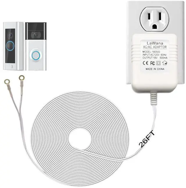 Main image of 26FT Charging Cable18V500mA Doorbell Power Adapter for Video Doorbells, Ring Video Doorbell Pro and Ring Video Doorbell 2, Transformer Compatible with Zmodo Smart Doorbell and Nest Hello Doorbell