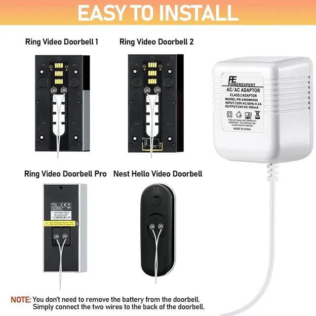 Alt view image 4 of 7 - Doorbell Transformer 24V Adapter for Ring Video Doorbell, 16.4ft Long C Wire Power Supply, Compatible with Ring, Nest Hello, Wyze and Eufy Video Doorbells