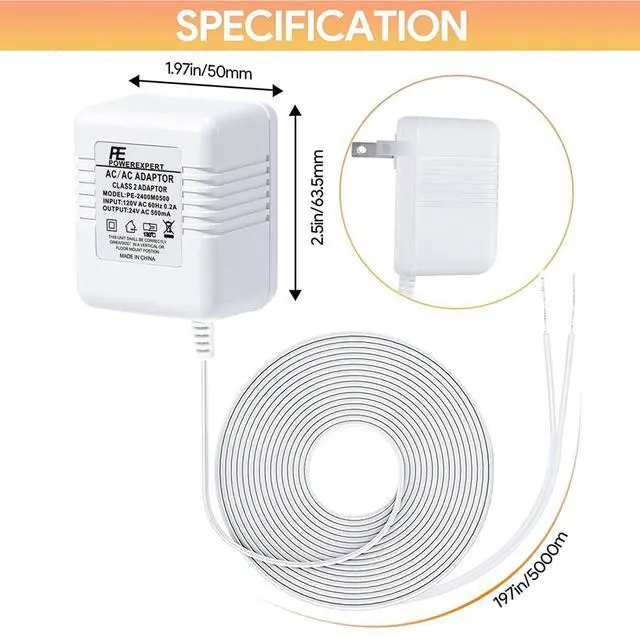 Alt view image 6 of 7 - Doorbell Transformer 24V Adapter for Ring Video Doorbell, 16.4ft Long C Wire Power Supply, Compatible with Ring, Nest Hello, Wyze and Eufy Video Doorbells