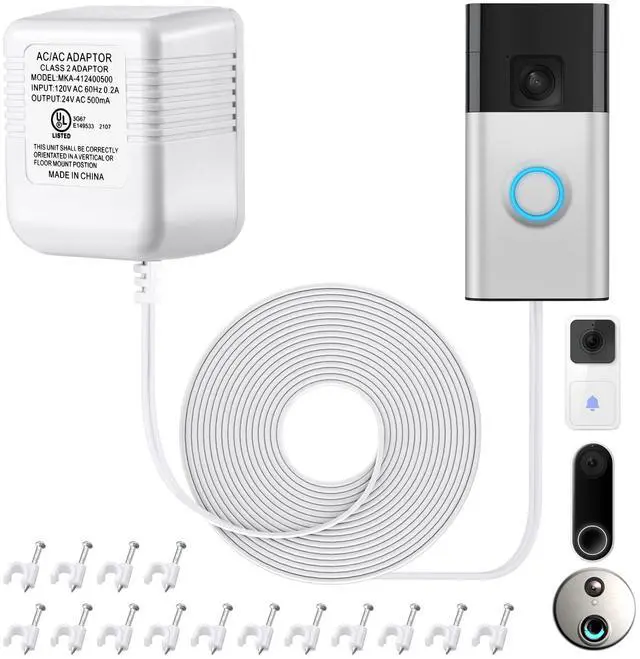 Main image of 24V Doorbell Transformer Adapter, 22.96ft Long C Wire Adapter Compatible with Ring, Nest Hello, Wyze, Eufy, 500mA Video Doorbell Power Supply with 48PCS Cable Clips