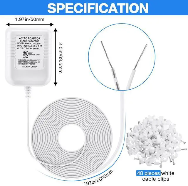 Alt view image 3 of 7 - 24V Doorbell Transformer Adapter, 22.96ft Long C Wire Adapter Compatible with Ring, Nest Hello, Wyze, Eufy, 500mA Video Doorbell Power Supply with 48PCS Cable Clips