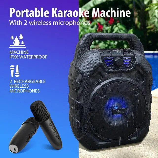 Alt view image 2 of 6 - Karaoke Machine with 2 Wireless Microphones/Portable Bluetooth Speaker Karaoke Machine/IPX6 Waterproof Kareoke Machine for Adults/Kids, for Home Jobsite,Party,Travel, Support TF/USB/AUX/LED Light