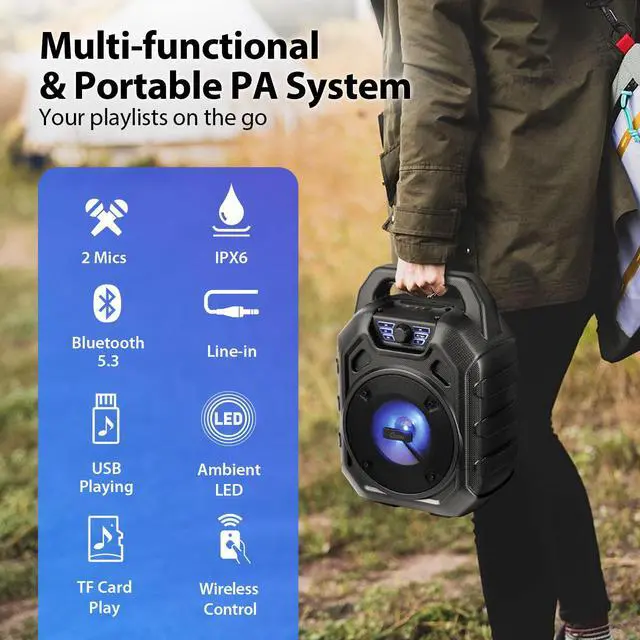 Alt view image 5 of 6 - Karaoke Machine with 2 Wireless Microphones/Portable Bluetooth Speaker Karaoke Machine/IPX6 Waterproof Kareoke Machine for Adults/Kids, for Home Jobsite,Party,Travel, Support TF/USB/AUX/LED Light