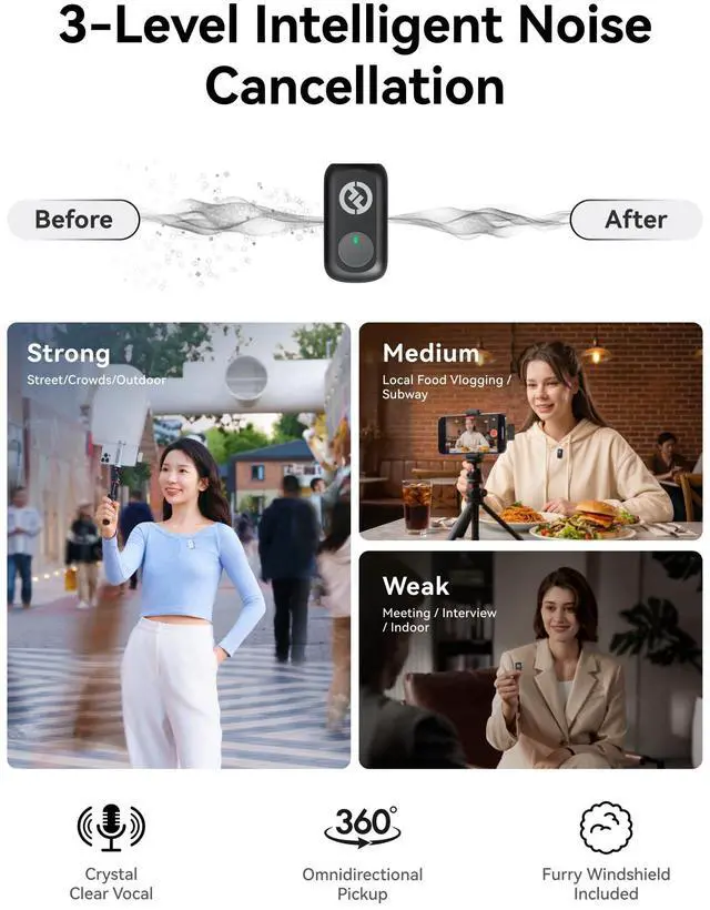 Alt view image 3 of 7 - Lark A1 Wireless Microphone for iPhone & Android, 48kHz/24-bit Studio Audio, 3-Level Noise Cancellation, 200m Range, Magnetic Mini Mic for Video Recording & Live Streaming (2TX + USB-C RX)