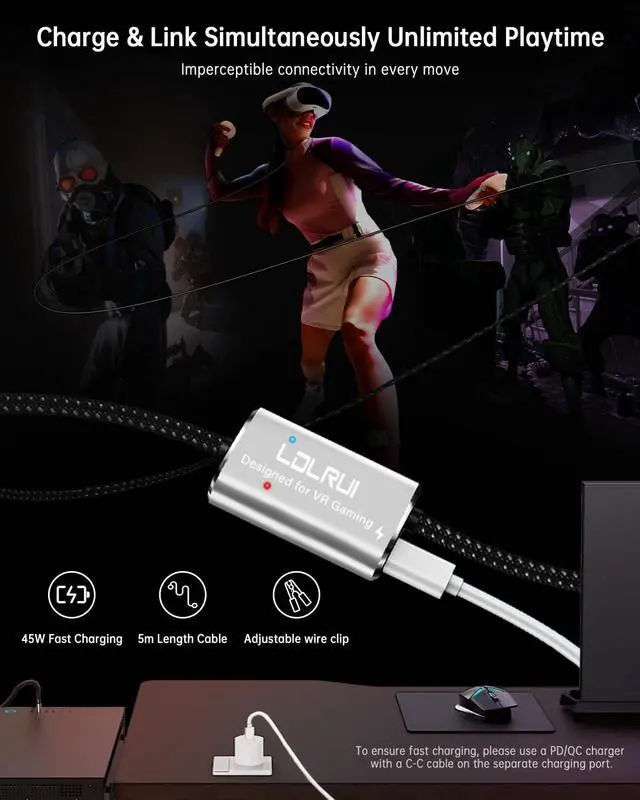 Alt view image 3 of 7 - VR Link Cable 16FT (5M), PD3.0 Fast Charging-Unlimited Playtime, USB 3.0 to USB-C 5Gbps, for Meta Quest 3/2/Pro & Pico 4, PC VR Cable with Clip, Steam VR & Oculus Compatible