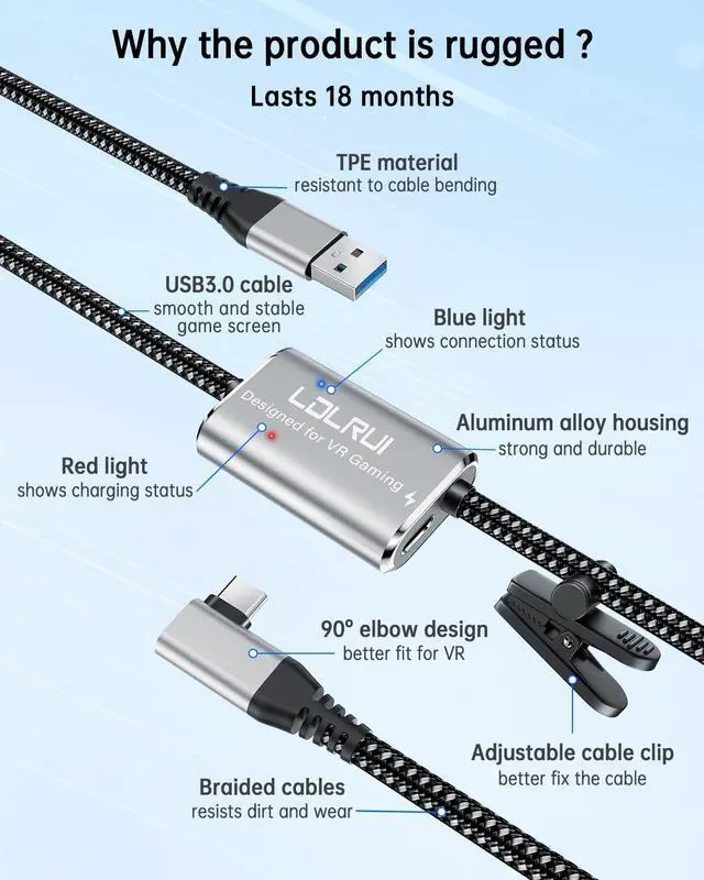 Alt view image 5 of 7 - VR Link Cable 16FT (5M), PD3.0 Fast Charging-Unlimited Playtime, USB 3.0 to USB-C 5Gbps, for Meta Quest 3/2/Pro & Pico 4, PC VR Cable with Clip, Steam VR & Oculus Compatible