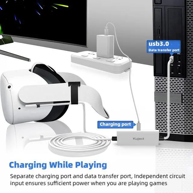 Alt view image 2 of 7 - Design 16FT Link Cable for Quest 3S/3, Quest 2, Quest Pro, with Separate Charging Port for Uninterrupted Power, USB 3.0 Type A to C Cable for VR Headset Accessories and Gaming PC, White