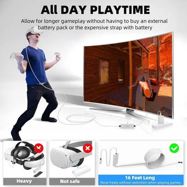 Alt view image 7 of 7 - Design 16FT Link Cable for Quest 3S/3, Quest 2, Quest Pro, with Separate Charging Port for Uninterrupted Power, USB 3.0 Type A to C Cable for VR Headset Accessories and Gaming PC, White