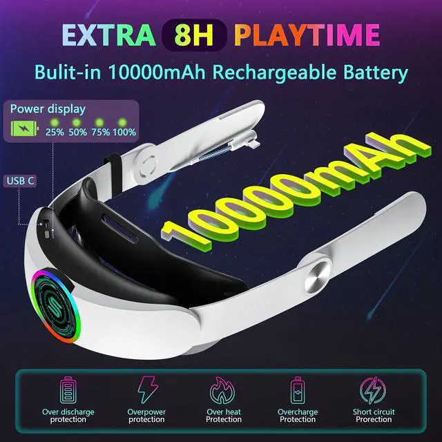 Alt view image 2 of 7 - Head Strap with 10000mAh Battery for Oculus Quest 2, Cool RGB Light Fast Charging Adjustable Battery Pack for Meta Elite Strap Replacement Extend 8H Playtime, Enhanced Comfort Reduce Pressure