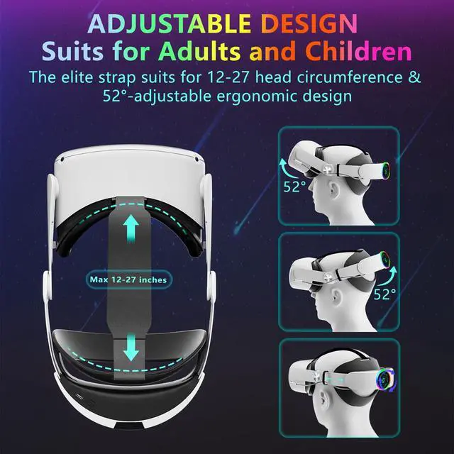 Alt view image 4 of 7 - Head Strap with 10000mAh Battery for Oculus Quest 2, Cool RGB Light Fast Charging Adjustable Battery Pack for Meta Elite Strap Replacement Extend 8H Playtime, Enhanced Comfort Reduce Pressure
