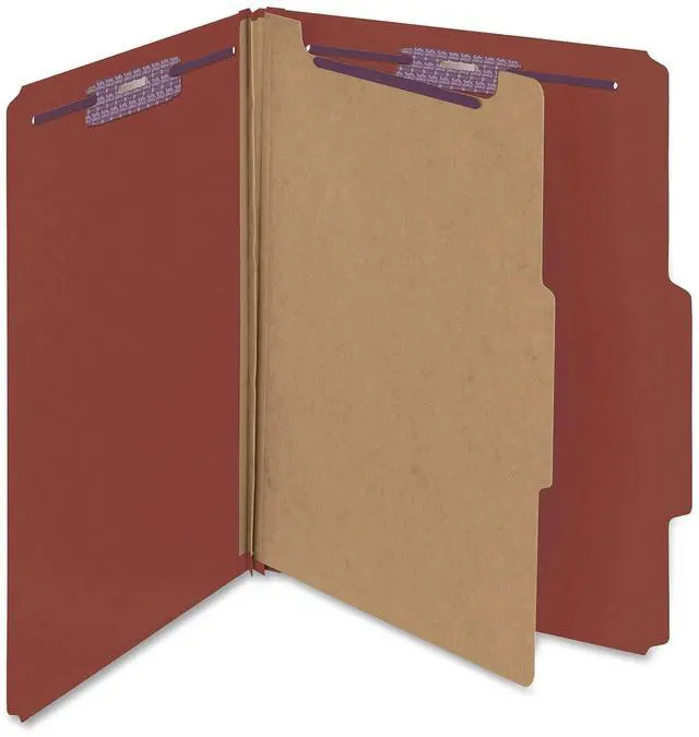 Main image of Pressboard Classification File Folder with SafeSHIELD Fasteners, 1 Divider, 2" Expansion, Letter Size, Red, 10 per Box (13775)